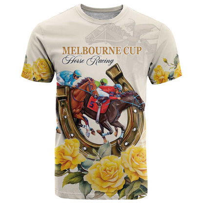 Melbourne Horse Racing Personalised T-Shirt Australian Horse With Yellow Roses Graphic Tee