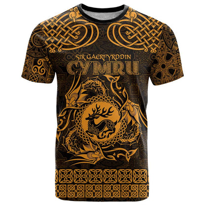 Personalized Carmarthenshire Sir Gaerfyrddin T-Shirt Gold Deer Stag Celtic-inspired Graphic Tee