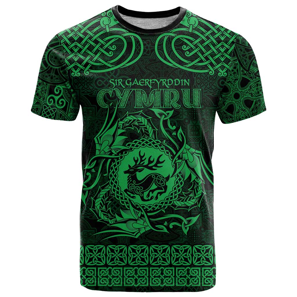 Personalized Carmarthenshire Sir Gaerfyrddin T-Shirt Green Deer Stag Celtic-inspired Graphic Tee