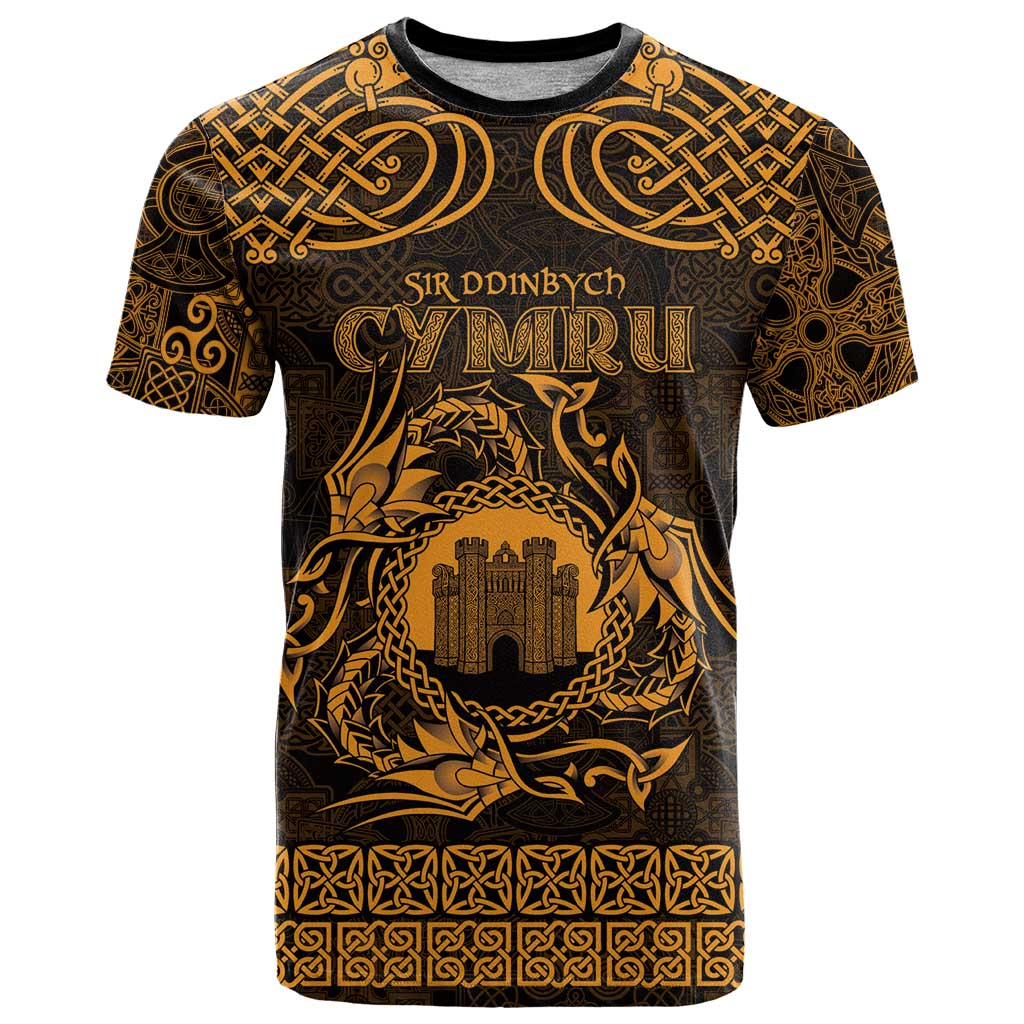 Personalized Denbighshire Sir Ddinbych T-Shirt Gold Gatehouse Denbigh Castle Celtic-inspired Graphic Tee