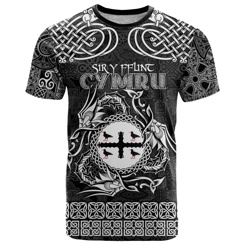 Personalized Flintshire Sir y Fflint T-Shirt Black Four Choughs Celtic-inspired Graphic Tee