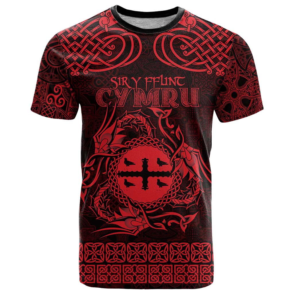 Personalized Flintshire Sir y Fflint T-Shirt Red Four Choughs Celtic-inspired Graphic Tee