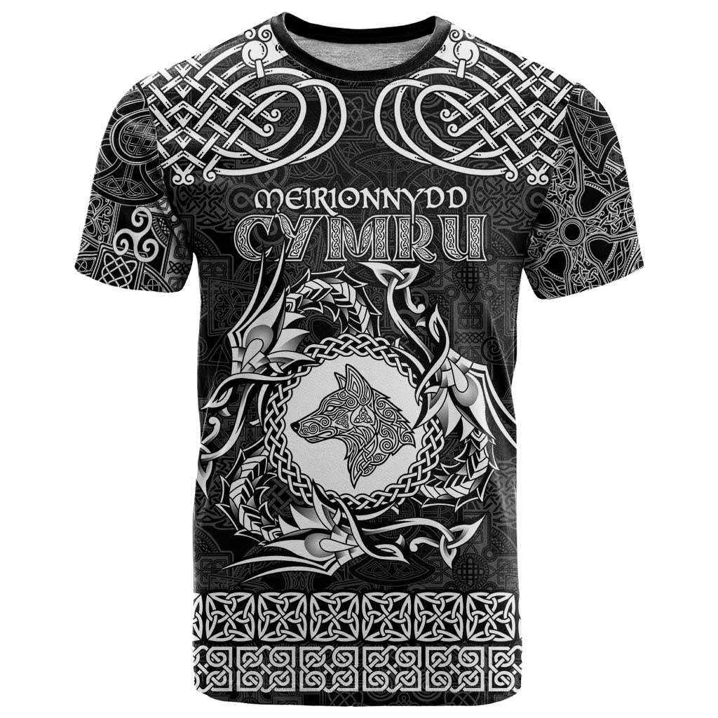 Personalized Merionethshire Meirionnydd T-Shirt Black Wolf Celtic-inspired Graphic Tee