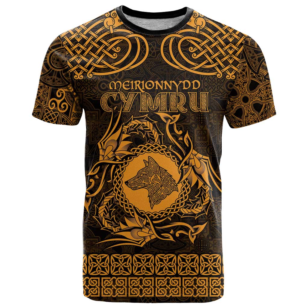 Personalized Merionethshire Meirionnydd T-Shirt Gold Wolf Celtic-inspired Graphic Tee