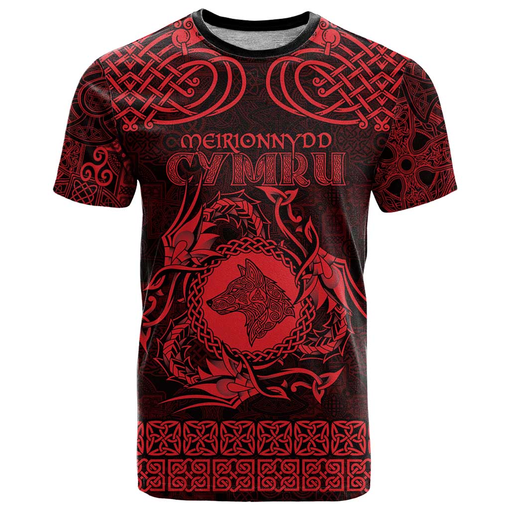 Personalized Merionethshire Meirionnydd T-Shirt Red Wolf Celtic-inspired Graphic Tee