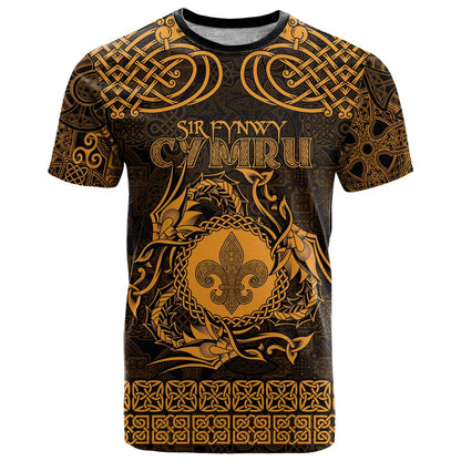 Personalized Monmouthshire Sir Fynwy T-Shirt Gold Fleur-de-lis Celtic-inspired Graphic Tee