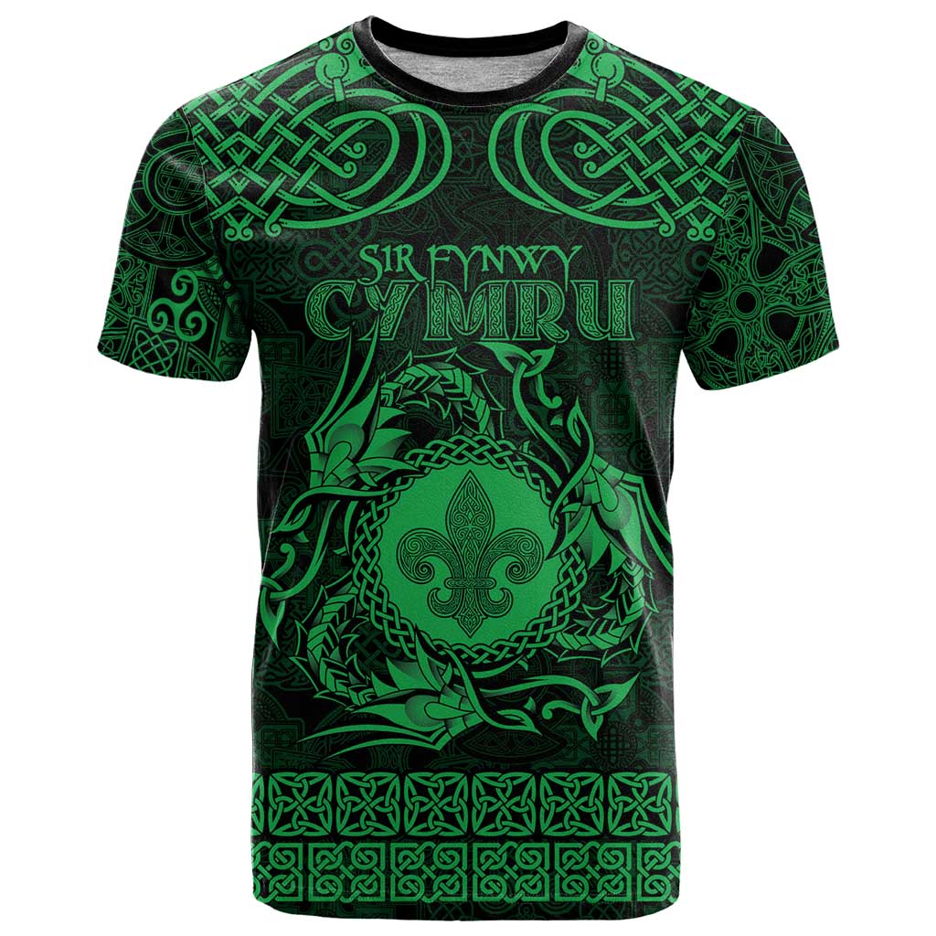 Personalized Monmouthshire Sir Fynwy T-Shirt Green Fleur-de-lis Celtic-inspired Graphic Tee