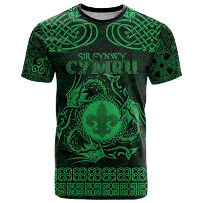 Personalized Monmouthshire Sir Fynwy T-Shirt Green Fleur-de-lis Celtic-inspired Graphic Tee