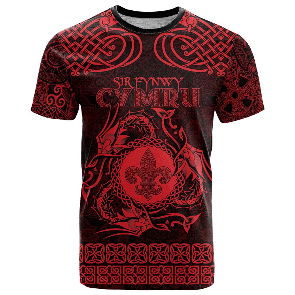 Personalized Monmouthshire Sir Fynwy T-Shirt Red Fleur-de-lis Celtic-inspired Graphic Tee