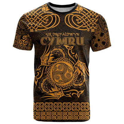 Personalized Montgomeryshire Sir Drefaldwyn T-Shirt Gold Water Triskele Celtic-inspired Graphic Tee