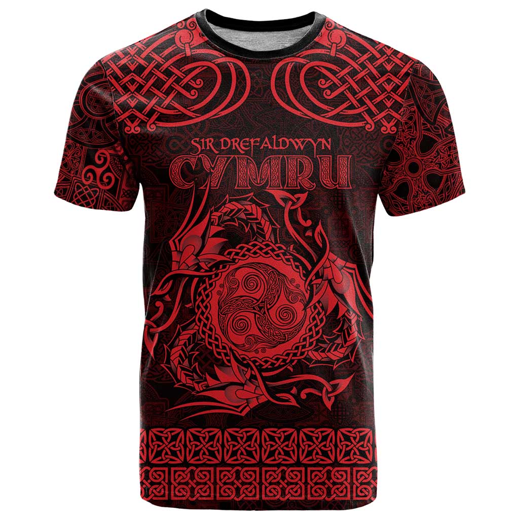 Personalized Montgomeryshire Sir Drefaldwyn T-Shirt Red Water Triskele Celtic-inspired Graphic Tee