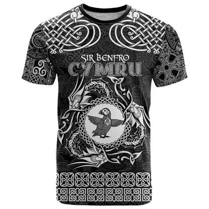 Personalized Pembrokeshire Sir Benfro T-Shirt Black Puffin Celtic-inspired Graphic Tee