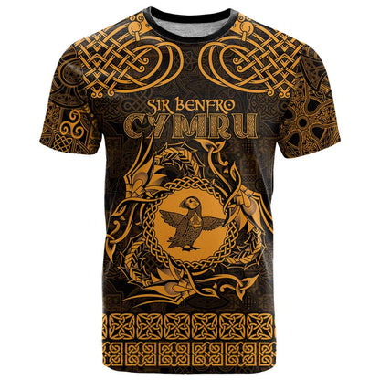 Personalized Pembrokeshire Sir Benfro T-Shirt Gold Puffin Celtic-inspired Graphic Tee