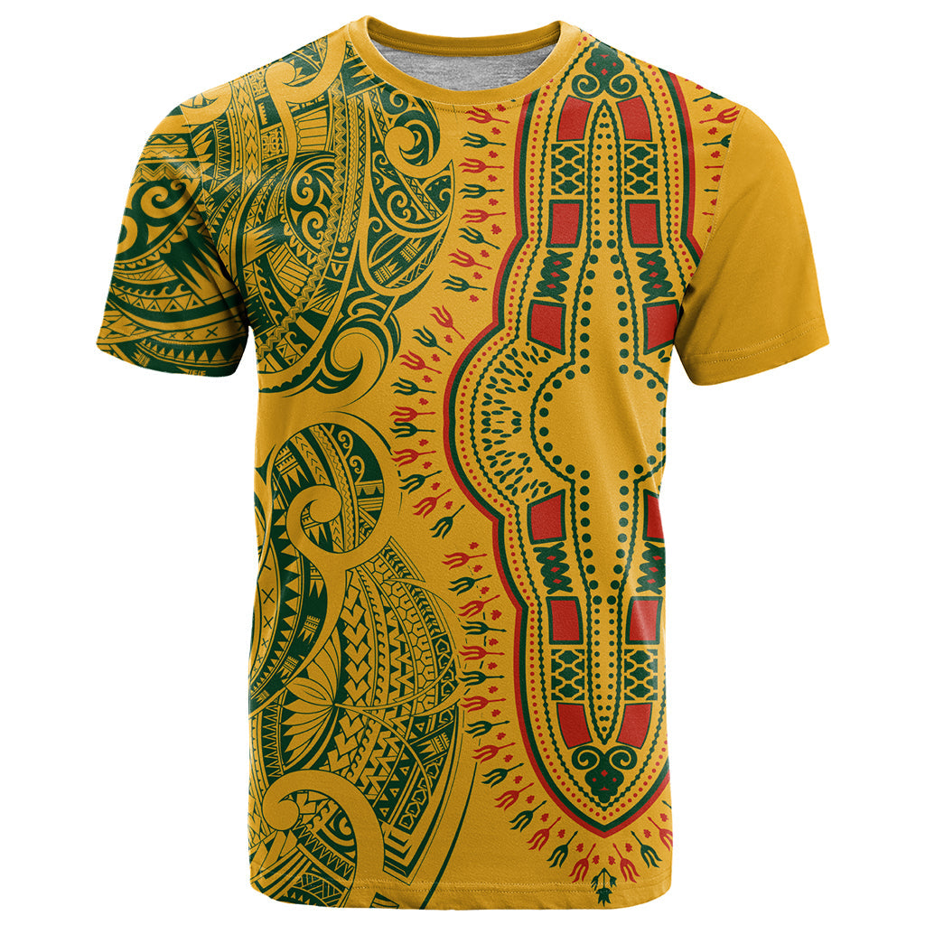 Africa Dashiki T-Shirt African Tribal Art Mixed Polynesian Tattoo Gold Color Unique Graphic Tee
