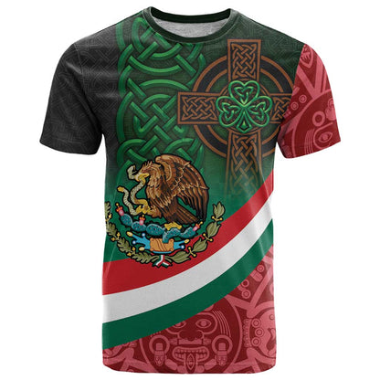 Mexico and Ireland Together T-Shirt Aztec Sun Mix Celtic Shamrock Graphic Tee
