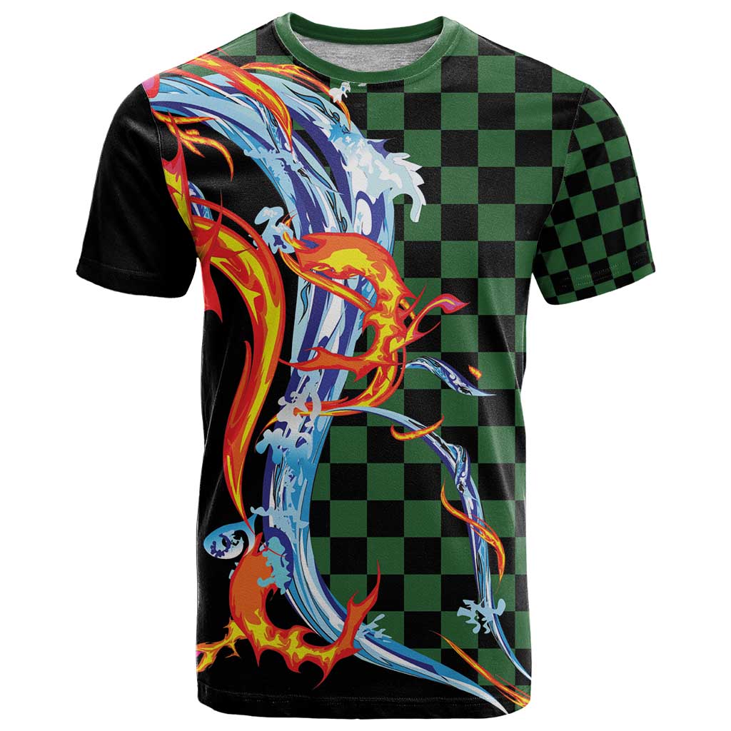 Japanese Asanoha Pattern T-Shirt Sun Flame Slayer Dragon Hinokami Kagura Spirit Graphic Tee