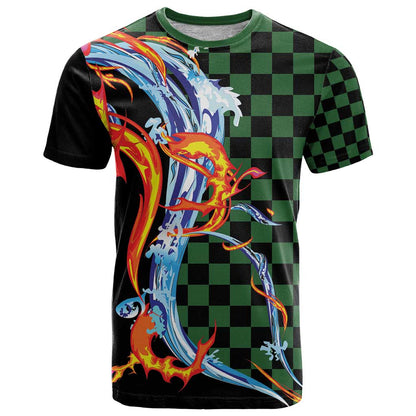 Japanese Asanoha Pattern T-Shirt Sun Flame Slayer Dragon Hinokami Kagura Spirit Graphic Tee
