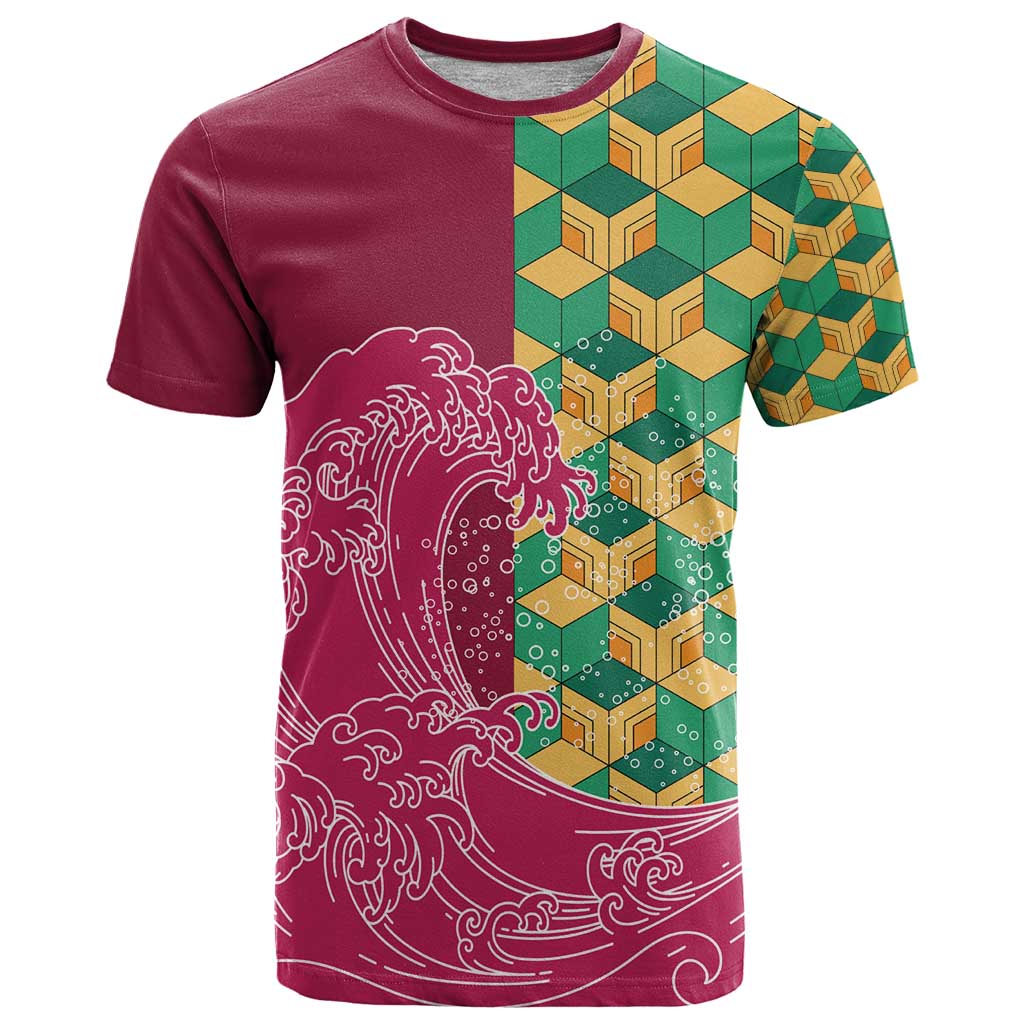 Japanese Bishamon-Kikkou Pattern T-Shirt Water Pillar Silent River Flow Graphic Tee