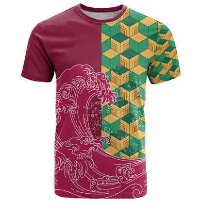 Japanese Bishamon-Kikkou Pattern T-Shirt Water Pillar Silent River Flow Graphic Tee