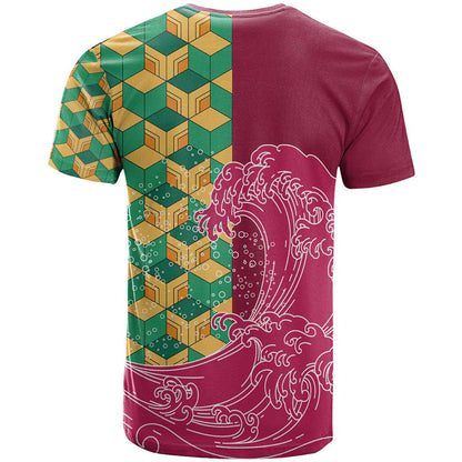 Japanese Bishamon-Kikkou Pattern T-Shirt Water Pillar Silent River Flow Graphic Tee