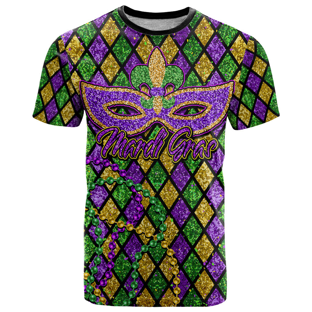 Mardi Gras Glitter Mask with Fleur-de-lis T-Shirt Graphic Tee