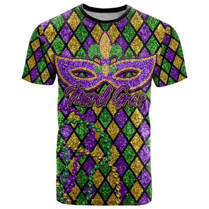 Mardi Gras Glitter Mask with Fleur-de-lis T-Shirt Graphic Tee