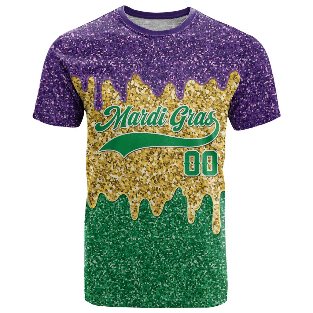 Custom Mardi Gras Dripping T-Shirt Baseball Sparkling Drip Motif Graphic Tee