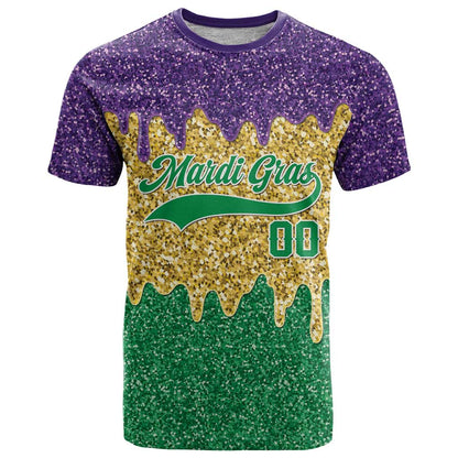 Custom Mardi Gras Dripping T-Shirt Baseball Sparkling Drip Motif Graphic Tee