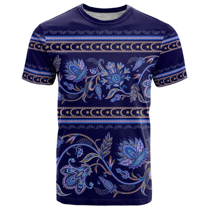 Azerbaijan T-Shirt Traditional Pattern Ornament With Flowers Buta Blue Graphic Tee