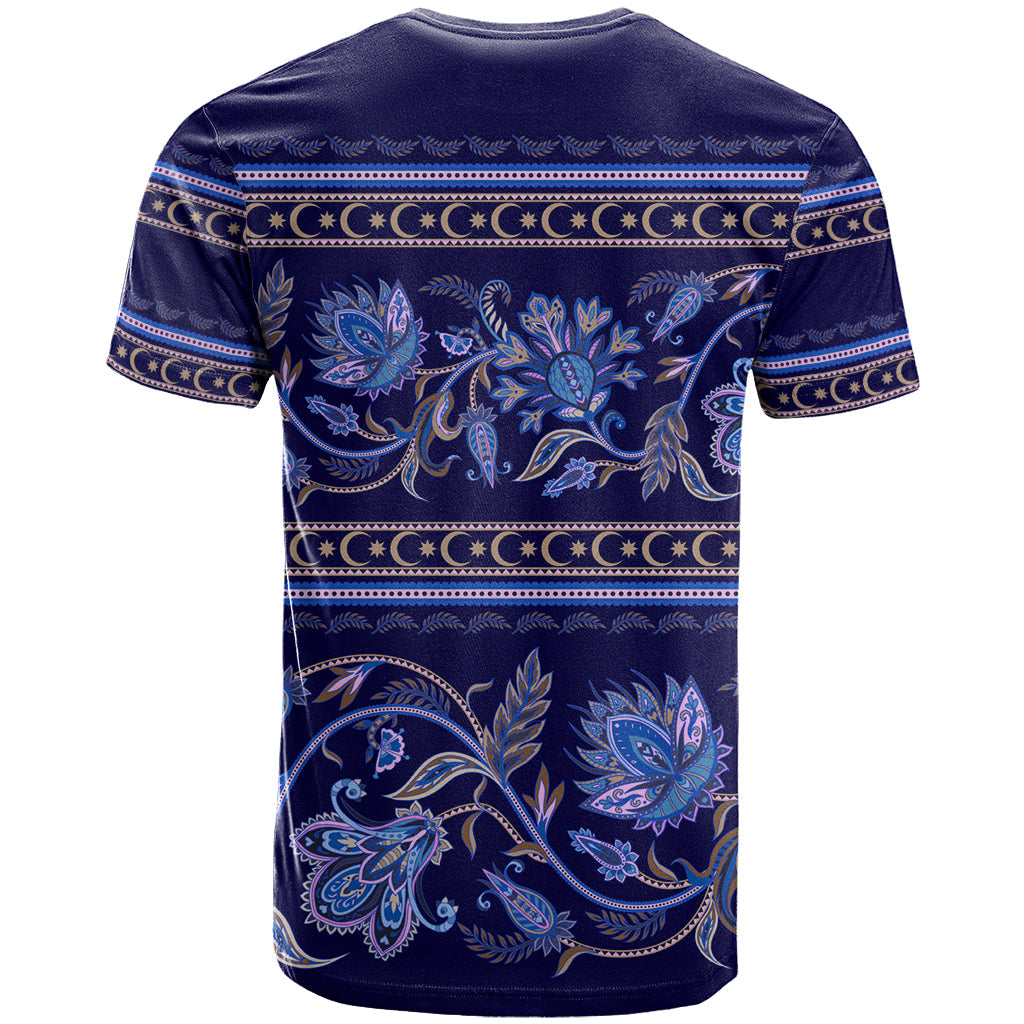 Azerbaijan T-Shirt Traditional Pattern Ornament With Flowers Buta Blue Graphic Tee