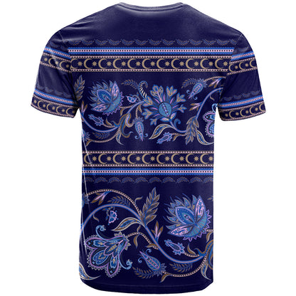 Azerbaijan T-Shirt Traditional Pattern Ornament With Flowers Buta Blue Graphic Tee