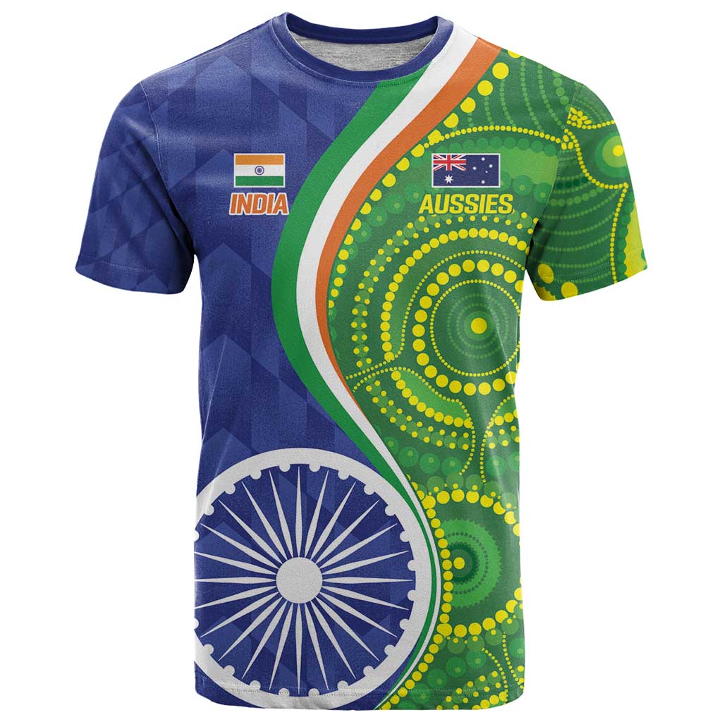 India Vs Australian Cricket Custom T-Shirt Ashoka Chakra and Aboriginal Together Graphic Tee