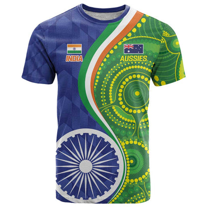 India Vs Australian Cricket Custom T-Shirt Ashoka Chakra and Aboriginal Together Graphic Tee