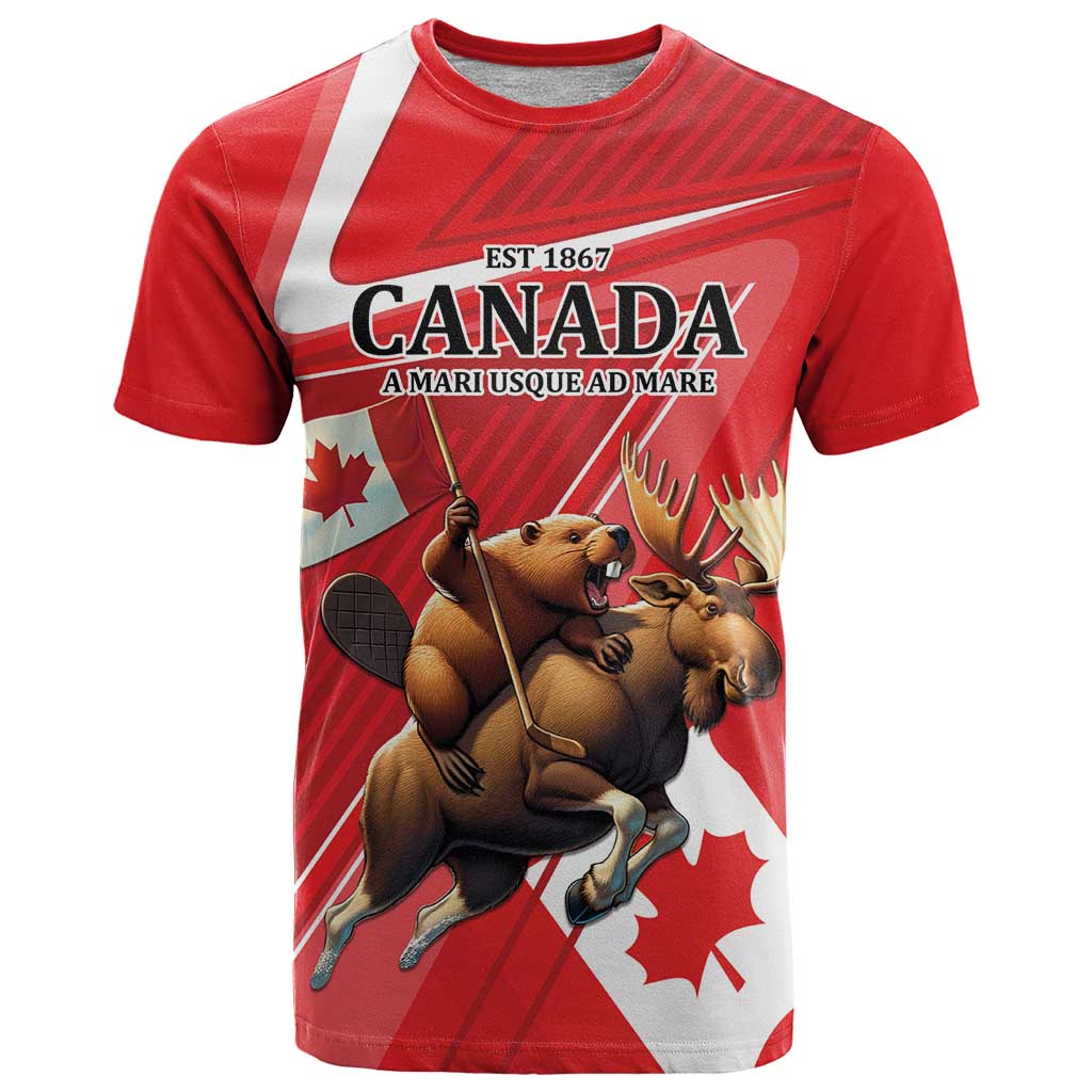 Personalized Beaver and Moose Happy Canada Day T-Shirt Est 1867 A Mari Usque Ad Mare Graphic Tee