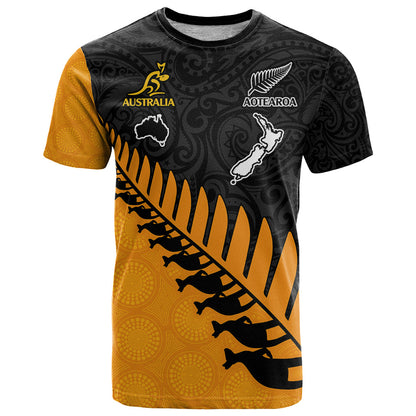 Custom Australia Wallabies and Aotearoa Rugby T-Shirt Kangaroo Black Fern Maori Gold Vibe Graphic Tee