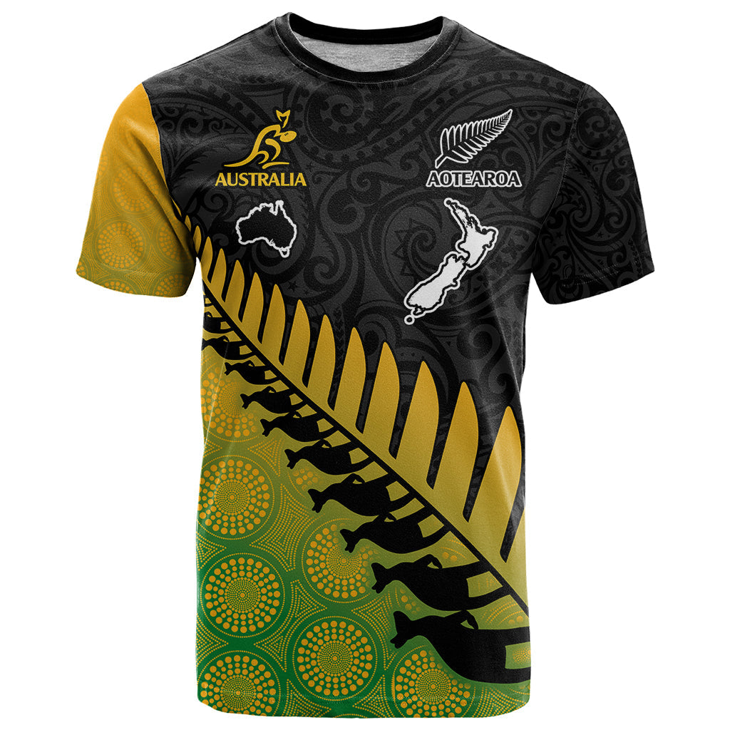 Australia Wallabies and Aotearoa Rugby T-Shirt Kangaroo Black Fern Maori Gradient Vibe Graphic Tee