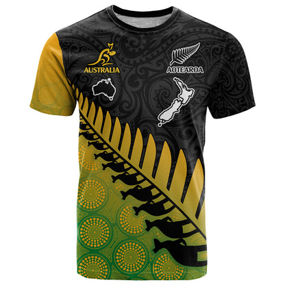 Custom Australia Wallabies and Aotearoa Rugby T-Shirt Kangaroo Black Fern Maori Gradient Vibe Graphic Tee