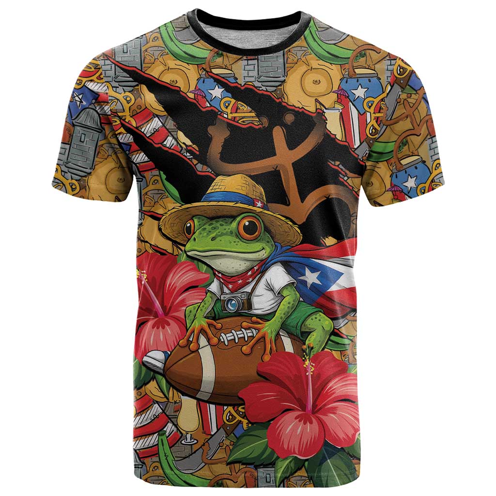 Patriotic Coqui Frog Football T-Shirt 250 Years of Freedom Puerto Rico Flag Stand Graphic Tee