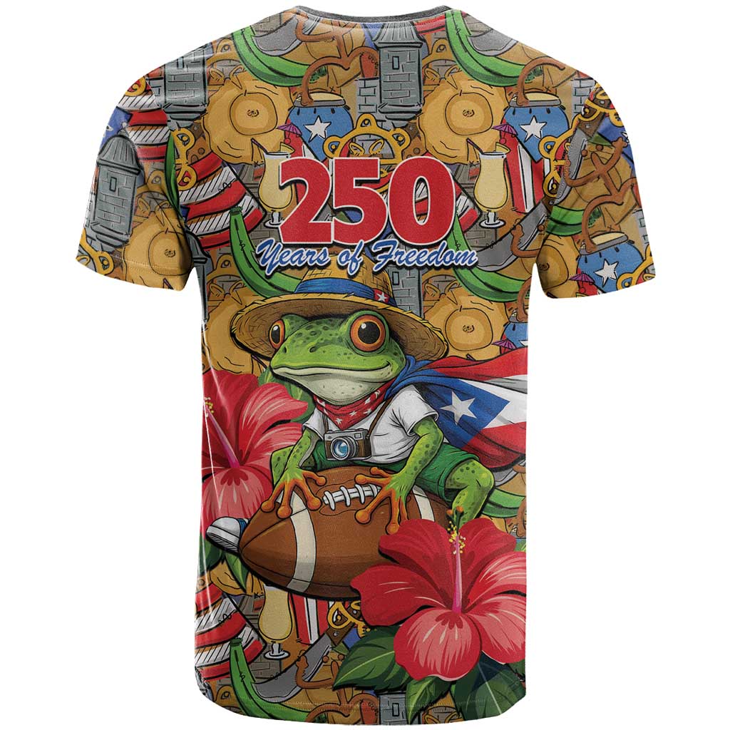 Patriotic Coqui Frog Football T-Shirt 250 Years of Freedom Puerto Rico Flag Stand Graphic Tee