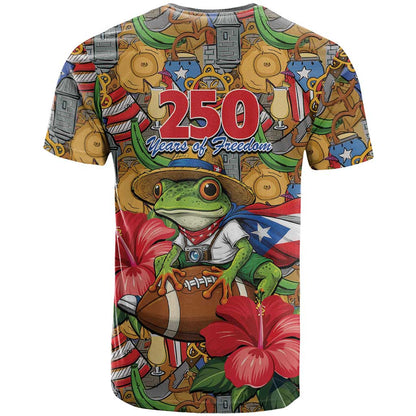 Patriotic Coqui Frog Football T-Shirt 250 Years of Freedom Puerto Rico Flag Stand Graphic Tee