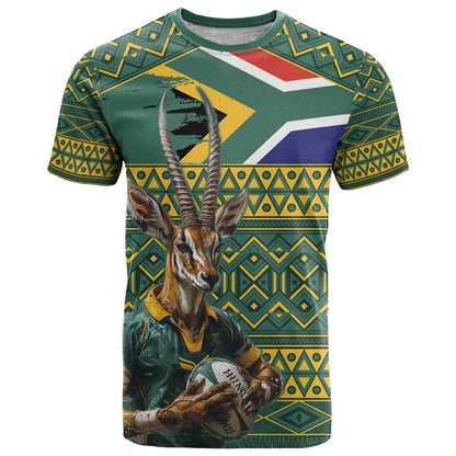 Custom South Africa Rugby Bokke Mascot T-Shirt With Flag Style Graphic Tee