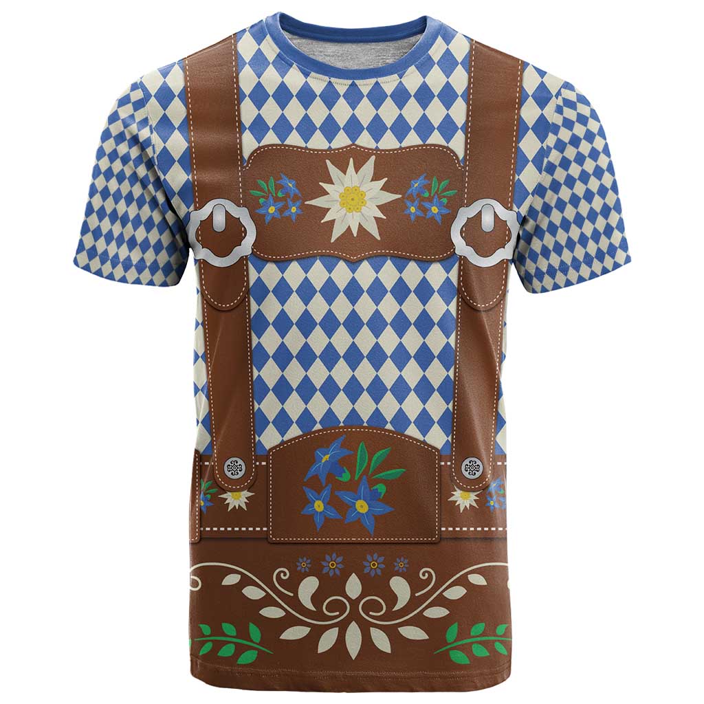 Lederhosen Oktoberfest T-Shirt Blue Edelweiss Floral Polka Dots Graphic Tee