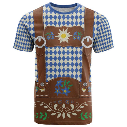 Lederhosen Oktoberfest T-Shirt Blue Edelweiss Floral Polka Dots Graphic Tee