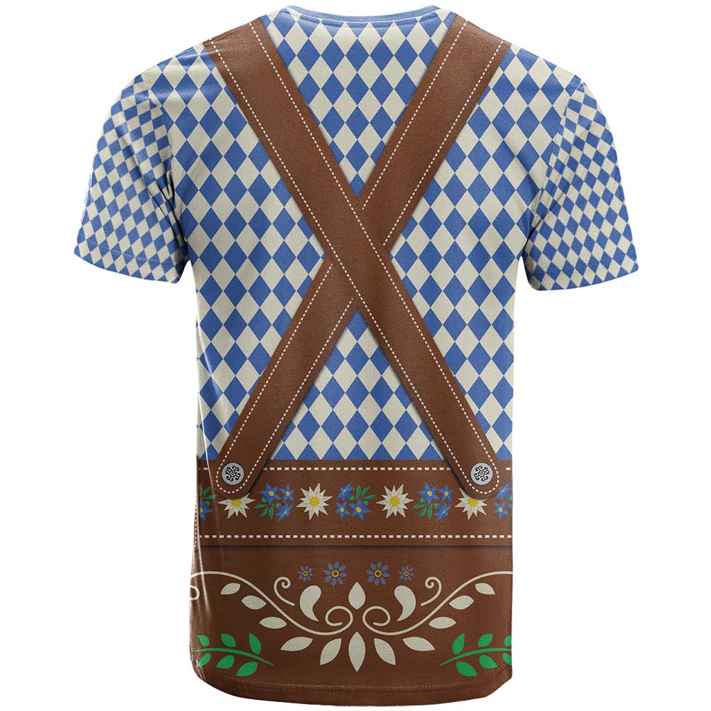 Lederhosen Oktoberfest T-Shirt Blue Edelweiss Floral Polka Dots Graphic Tee