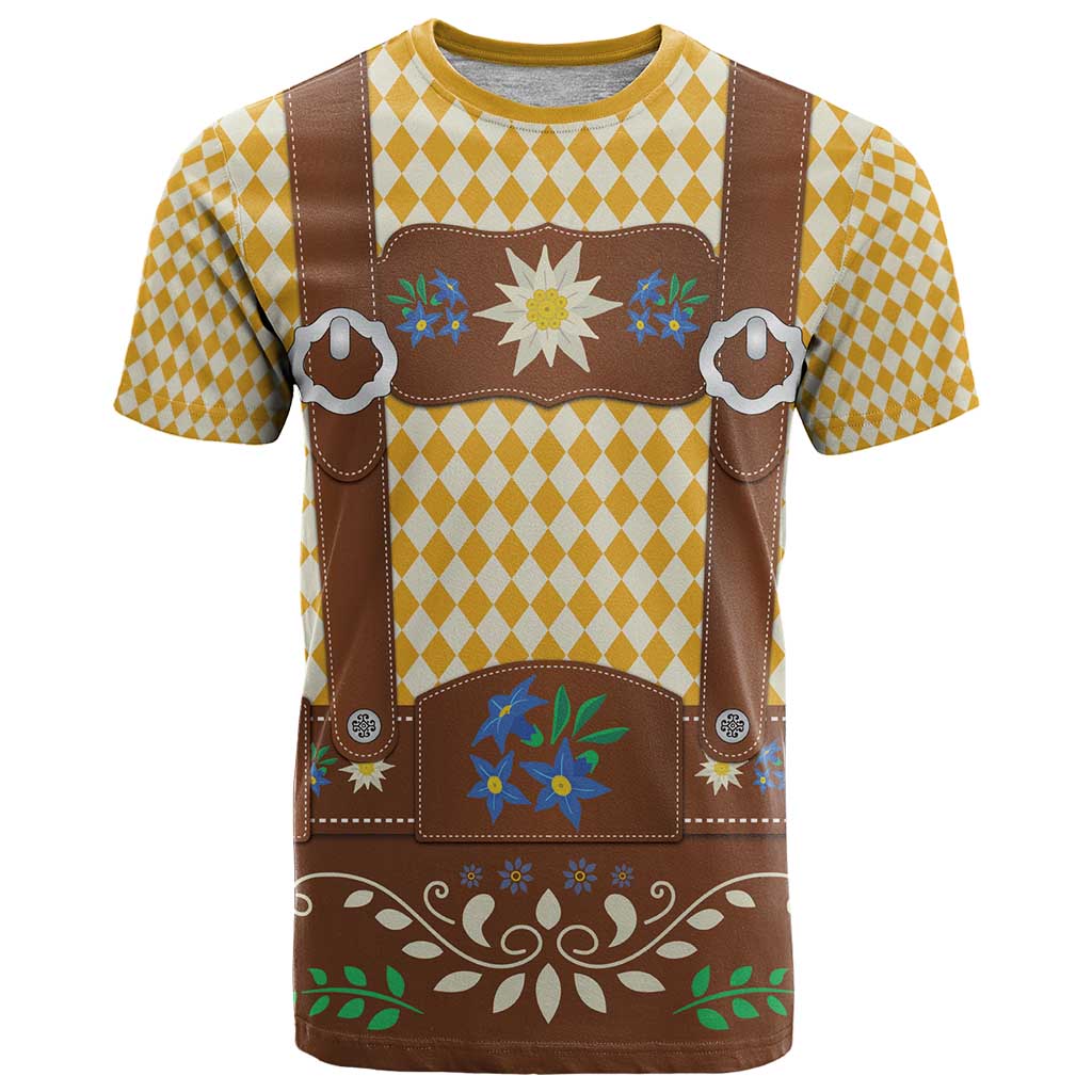 Lederhosen Oktoberfest T-Shirt Gold Edelweiss Floral Polka Dots Graphic Tee