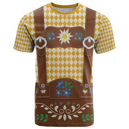 Lederhosen Oktoberfest T-Shirt Gold Edelweiss Floral Polka Dots Graphic Tee