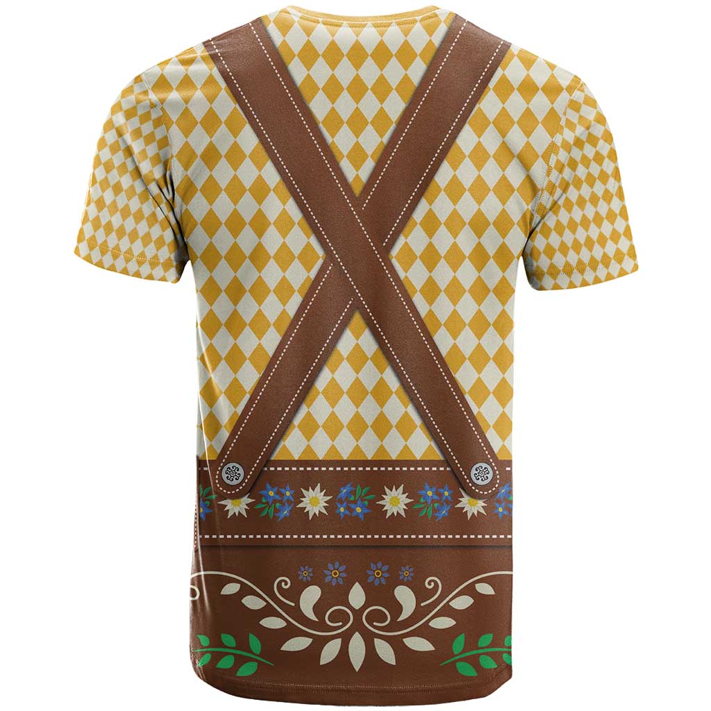 Lederhosen Oktoberfest T-Shirt Gold Edelweiss Floral Polka Dots Graphic Tee