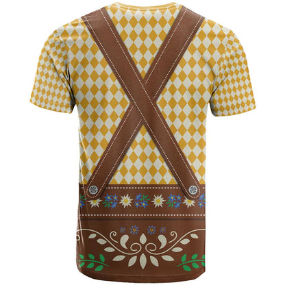 Lederhosen Oktoberfest T-Shirt Gold Edelweiss Floral Polka Dots Graphic Tee