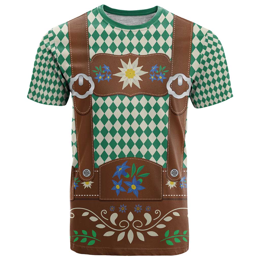 Lederhosen Oktoberfest T-Shirt Green Edelweiss Floral Polka Dots Graphic Tee