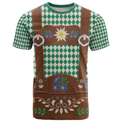 Lederhosen Oktoberfest T-Shirt Green Edelweiss Floral Polka Dots Graphic Tee